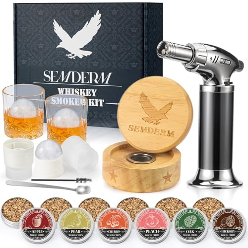 Bourbon Whiskey Smoker Kit with Torch - Old Fashioned Cocktail Smoker Kit with 2 Whiskey Glasses, 6 Wood Chips - Valentines Anniversary Birthday Gifts for Men Dad Husband Boyfriend (No Butane)