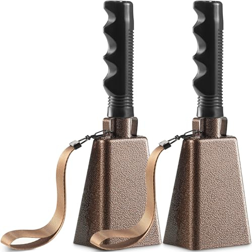 9 Metal Cowbells with Handle - (2 Pack) Cow Bells Loud Cheering Noise Makers for Sporting Events, Football Games, School Spirit, Rallies & Celebrations - Copper Steel Percussion Music Instrument
