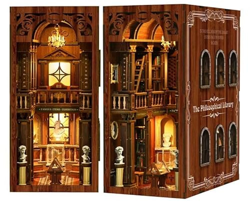 Villageboom Book Nook byggsats med LED-lampor – biblioteksphilosofer – 3D-träbyggsats för bokhylla dekoration – presentidé för vuxna och tonåringar från 14 år (biblioteksfilosofer)