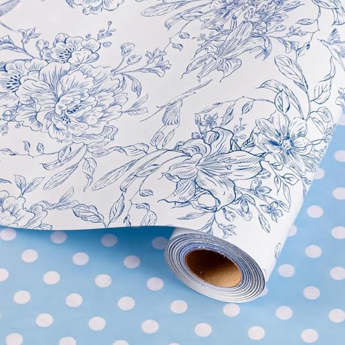Wikadlik Flower Wrapping Paper Roll, 43cm x 10m Blue White Polka Dot Design Gift Wrap for Wedding, Birthday, Valentines Day, Bridal, Mothers Day, DIY Bouquet, Anniversary