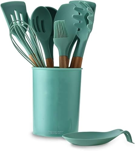 Silikonbestickset, 12 ST Köksredskapsset med hållare, set matlagningsredskap i silikon Trähandtag Nonstick köksredskapsset, gröna köksredskap