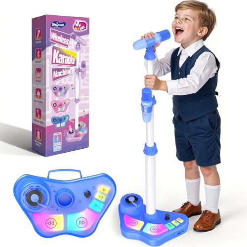 Dislocati Microphone Enfant sans Fil avec Pied, 3-en-1 Micro Karaoke Enfant avec Lumière LED Cinq Couleurs, Jouet Micro pour Garçon 3 Ans et +, Cadeau Anniversaire Noël Fille Garçon (Bleu)