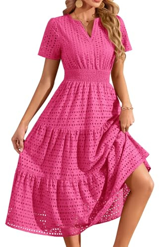 heekpek Vestito Lungo Estivo Donna Cotone Scollo a V Elegante Abito Vita Alta A Line Maniche Corte Abiti Estivi Curvy con Tasche, Rosa, S