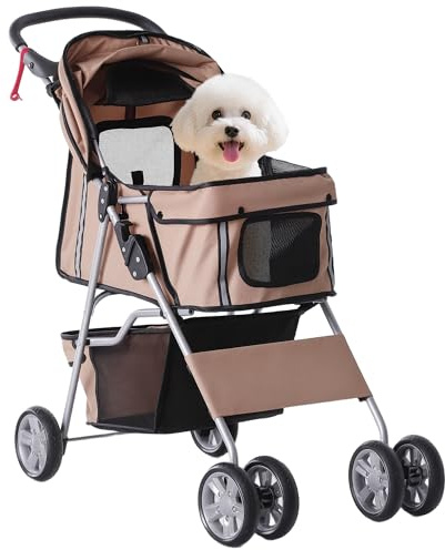 PawHut Cochecito Plegable Mascotas Carrito para Perros Gatos con Cuatro Ruedas Cesta de Almacenaje Ventanas y Portavasos Tela Oxford Marco de Acero 75x45x97 cm Café