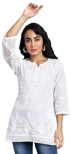 Ada Indian Hand Embroidered Chikankari White Cotton Top Tunic Kurti Shirt for Women A208704 (Medium)