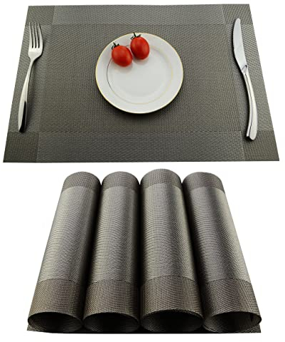 KOKAKO - Set di 4 tovagliette all'americana, antiscivolo, lavabili, in PVC, resistenti al calore, resistenti allo sporco e lavabili, ideali per la cucina, Fibra sintetica, argento, 4