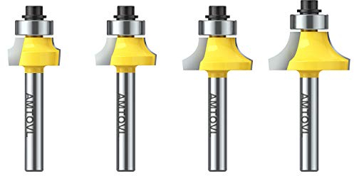 AMTOVL 4 PCS Round Over Router Bit Set - 1/4 Shank Round Over Edging Router Bit Set, 1/8, 3/16, 1/4, 5/16 Radius