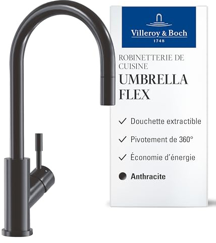 Villeroy & Boch Umbrella Flex robinetterie de cuisine haute pression, robinetterie d’évier avec douchette extractible et plage de pivotement de 360°, économie d’eau, hauteur du bec 220 mm, Anthracite