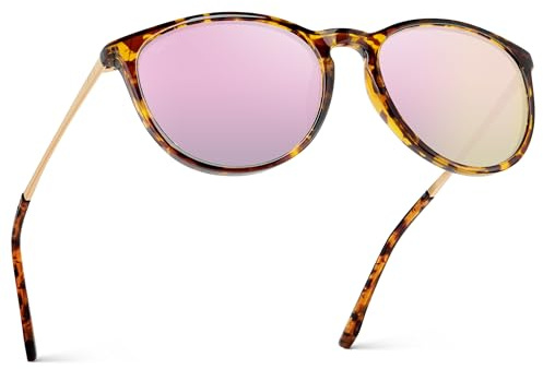 WearMe Pro Round Polarized Sunglasses for Women - UV400 Protection, Lightweight Tortoise Shell Frame, Vintage Retro Style (Tortoise Frame/Mirror Pink Lens)
