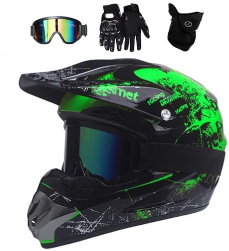UIGJIOG Motocross hjälm, med skyddsglasögon maskhandskar, ungdoms barn full-face off road motorcykel krasch hjälm, mtb bmx downhill quad bike enduro racing smuts cykel hjälm,Green,XL(58~59cm)