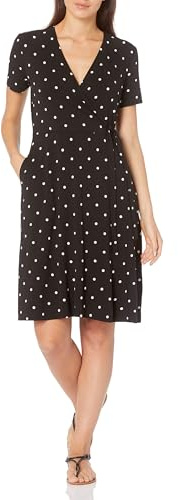 Amazon Essentials Robe Effet Cache-cœur à Manches Courtes Femme, Noir Points, XXL