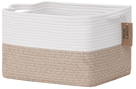 COMFY-HOMI Cotton Rope Woven Basket with Handles for Shelves,Toys,Book, Cloth Storage Baskets for Organizing-13.5 x 11 x 9.5 Toy Decorative Organizer for Living Room, Bathroom （White/Brown）