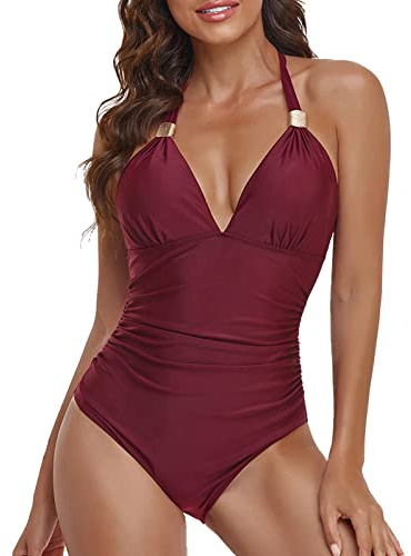 Baynetin Costume da Bagno Intero da Donna,con Scollo a V, Spalline Regolabile, Reggiseno Imbottito con Coppe Interne Non Rimovibili Bikini Backless Un Pezzo Unico (Borgogna, S)