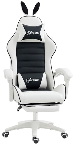 Vinsetto Silla Gaming Ergonómica Reclinable 135°, Silla Gamer Racing de Cuero PU con Soporte Lumbar, Altura Ajustable, Orejas Conejo, Reposacabezas, Reposapiés Retráctil para Oficina, Estudio, Negro