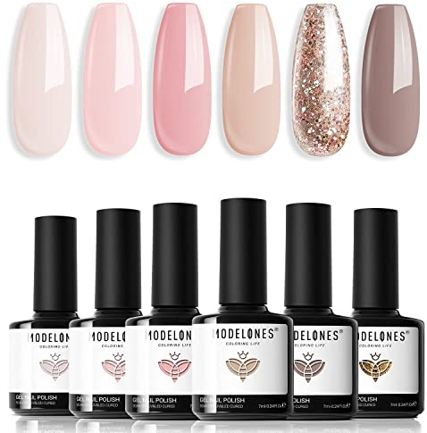 Modelones UV Nagellack, Gel Nagellack 6 Farben Nude Neutral Glitzer, Soak Off Nail Polish French Manicure Weihnachten Feiertagsgeschenk für DIY zu Hause,7 ml