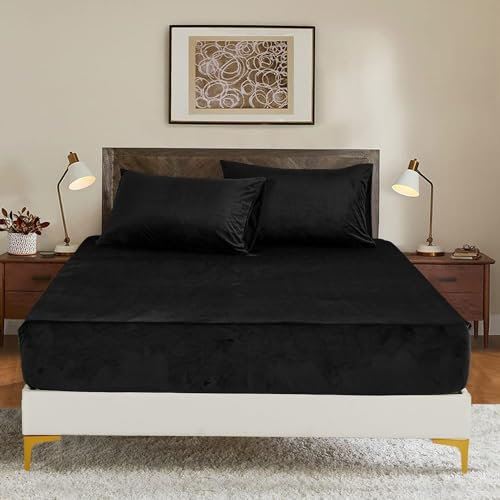 Luowei Winter Spannbettlaken 90x200cm Schwarz Samt Extra Warm Boxspringbett Frottee Bettlaken Flanell Spannbetttuch Uni Muster Spannbetttücher 90x200cm für Hohe Matratze Steghöhe 25-30cm