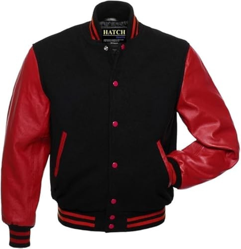 Hatch Sports Men's Classic Varsity Jacket Genuine Leather Sleeve and Wool Blend Letterman Boys College Varsity Jackets (US, Alpha, 3X-Large, Regular, Regular, Black Red)