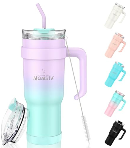 MOMSIV 40oz Thermobecher mit Stroh und Griff, 1100ml Kaffeebecher, Doppelwandiger Edelstahl Vakuum Auslaufsicher Isolierbecher Autobecher für Kalte Heiße Getränke, Violett-Grün
