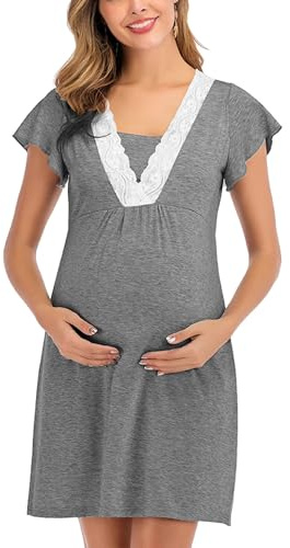 SHEKINI Camisón de maternidad para mujer, de encaje, cuello en V, manga corta, camisón suave para lactancia, pijama de descanso, gris, L