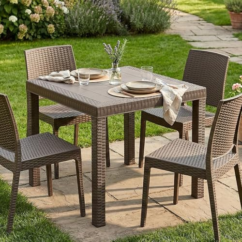 Dmora - Tavolo da esterno Marte, Ripiano quadrato fisso, Tavolo da giardino multiuso effetto rattan, 100% Made in Italy, 80x80h74 cm, Marrone
