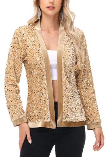 Anna-Kaci Women's Sparkly Sequin Cardigan Long Sleeve Open Front Glitter Party Sequin Blazer Jacket, Light Gold, Small
