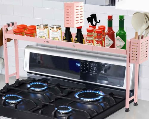 Horynar Over Stove Shelf Stove Top Organizer Shelf for Kitchen with Extra Basket and Hooks Adjustable 27 to 32 Inches Pink Over the Sink Spice Rack for Countertop (Pink)