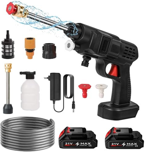 Limpiador de alta presión inalámbrico 60 bar, 300 W Limpiador de alta presión con batería, pistola de agua para lavado de coches con baterías, manguera 5 m, pulverizador de espuma (B-2 batería)