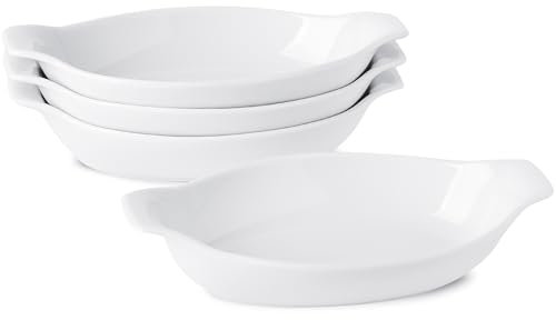 UIBFCWN Set di 4 Piatti da Forno in Ceramica, Piatti da Forno Ovali da 350ML, Pirofila Ovale in Porcellana con Manici per Lasagne Torta Tapas, 22,8 x 11,9 x 4,3 cm - Bianca