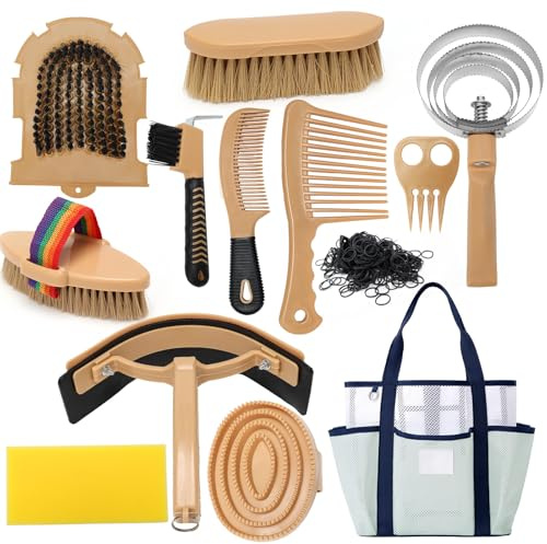 GHWMYD Scatola di Toelettatura per Cavallo, Kit di 13 Spazzole con Sacchetto di Stoccaggio Serie Equine Care per la Toelettatura e il Bagno del Cavallo