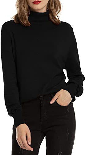 Woolen Bloom - Maglione da donna a collo alto, elasticizzato, in morbido tessuto a maglia fine, elegante, a maniche lunghe, per autunno e inverno, Nero/1, XXL