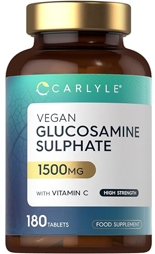 Vegan Glucosamine Sulphate 2KCl 1500mg with Vitamin C | 180 High Strength Tablets | Glucosamine 2KCl Supplement | by Carlyle