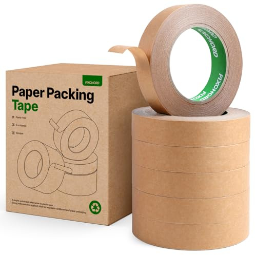 FIXCHORD Miljövänlig Förpackningstejp Kraftpapper 24mm x 50m | Återvinningsbar Pappersförpackningstejp | Skrivbar och Vattentät | Papperstejp för packning av paket och lådor, flytt | 6 Rullar