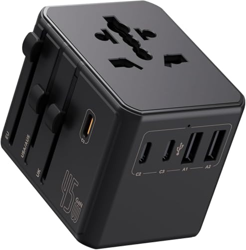 Auxmir Adaptador Enchufe Universal PD 45W con 3 USB-C y 2 USB-A, Negro