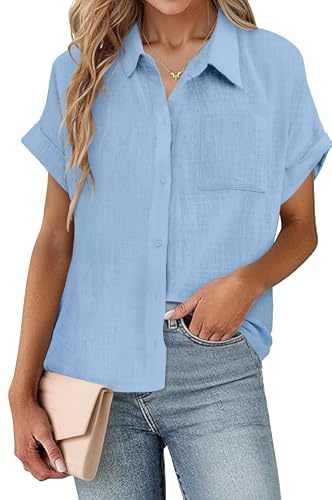 SEMARO Womens Cotton Linen Button Down Shirts Casual Short Sleeve Solid Summer Blouses Tops with Pocket Sky Blue