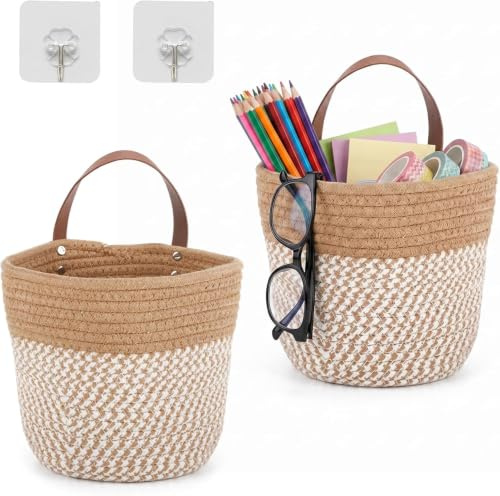 Dexpally Lote de 2 Cestos Colgantes de Cuerda de Algodón, Cesto de Pared con Asa, Cesto de Almacenamiento para Baño y Salón, 16x18 cm incluye 2 Ganchos