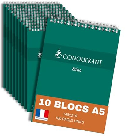 Conquérant lot de 10 Bloc-Notes Sténo A5 Uni 180 Pages Reliure Intégrale Couverture Carte Verte