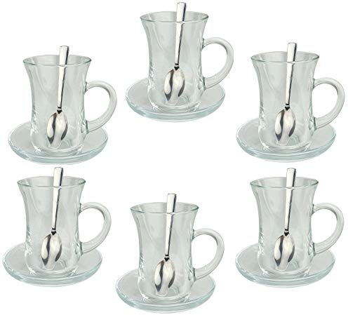 Pasabahce Orginal türkisches Tee Set Teeset 'KULP'/ 6 klassische Gläser mit Henkel 6 Rührlöffel (Marke PROUD)/ 6 Untersetzer