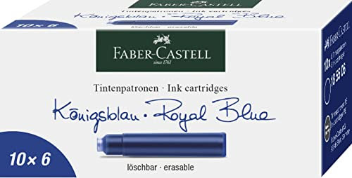 FABER-CASTELL Packung mit 6 blauen Tintenpatronen, Standard, blau, löschbar, für Füllfederhalter mit Standardpatronensystem, hochwertige Tinte, Made in Germany