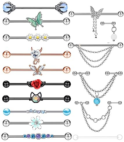 TIANCI FBYJS 16pcs 14G Industrial Piercing Stainless Steel Industrial Earrings Barbell With Chain Dangle for Women Cartilage Industrial Bar Body Piercing Jewelry 1 1/2 Inch 38mm