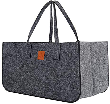 KHI Filzkorb, XL Einkaufstasche, 51 x 26 x 26 cm, Shopper Bag, Filztasche, Gross, grau, Kaminholzkorb, Spielzeugkorb, Spielzeugtasche, Brennholztasche, Aufbewahrung von Kaminholz