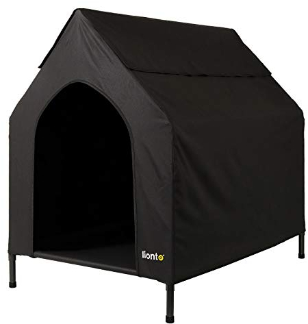 lionto Outdoor Hundeliege überdacht, 90x65x85 cm, wasserabweisendes, kratzfestes Oxford-Material & atmungsaktives Netzgewebe, erhöhtes Hundebett mit abnehmbaren Füßen, für Hunde bis 40 kg, schwarz