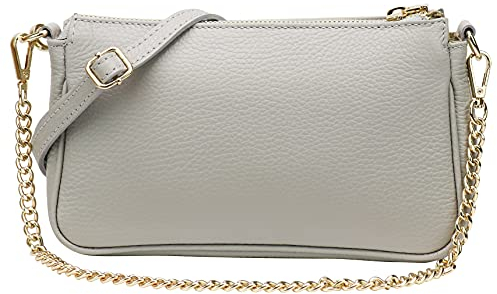 SH Leder Echtleder Umhängetasche Schultertasche Handtaschen Clutch kleine Abendtasche Goldfarbene Metallbeschläge 23x13cm Larisa G324 (Hellgrau)