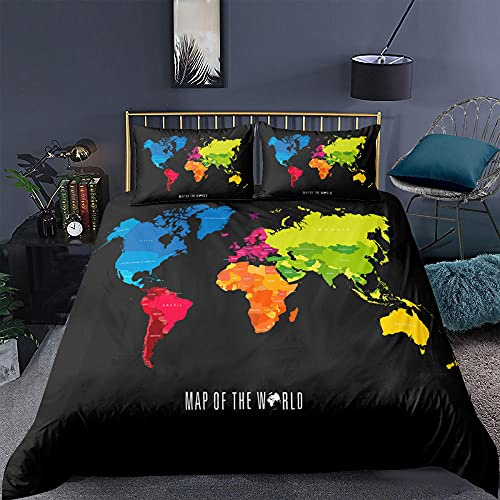 kldby Copripiumino Una Piazza e Mezza Mappa del Mondo Colorata, Set di Biancheria da Letto in Microfibra 120GSM, 1 Copri Piumone 200x200 cm con Cerniera + 2 Federe 50x80 cm
