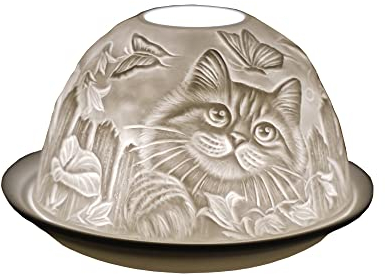 Cello Porcelain Tealight Holder Dome – Cat Design with 3D Projection Image & Message Scented Unscented LED Candle Wax Warmer Animal Lovers Nature Gifts Ornament Home for Women Mom