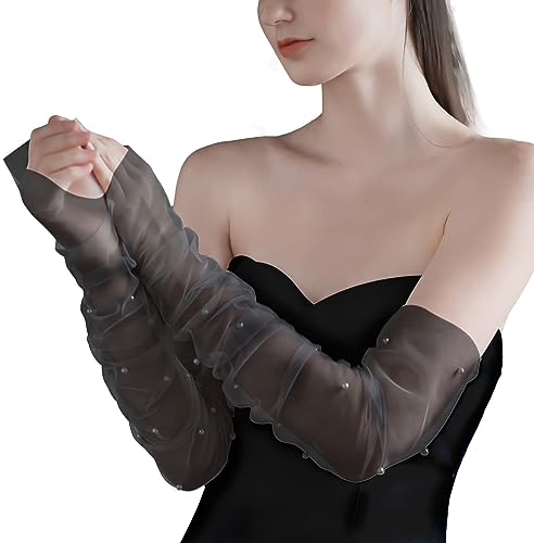 AMBRE ADÈLE Durchsichtige Tüllhandschuhe mit Perle für Bräute, Schwarz, 20x5 Inches