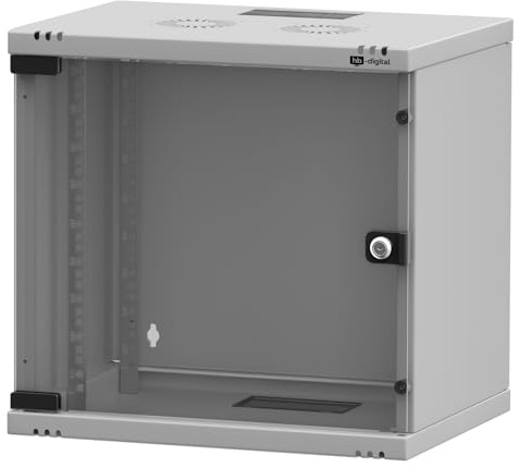 hb-digital Netzwerkschrank 19 Zoll 9HE Wandmontage mit Glastür - Sichttür Schloss Wandgehäuse für EDV Router Patchpanel - Traglast 60kg robust - Tiefe 400mm abschließbar mit Lüftung Unmontiert Grau