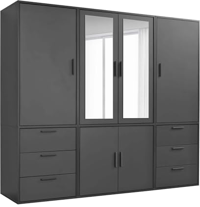 mokebo Kleiderschrank mit Spiegeltüren 6-türig & 6 Schubladen 'Der Grenzenlose', Spiegelschrank, Schlafzimmerschrank, Garderobenschrank mit Spiegel in Schwarz, Schrank aus Holz in 210x187x58 (BxHxT)