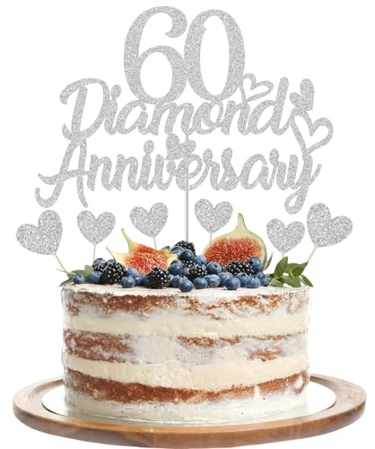 Gidobo 60:e diamant årsdag tårtdekorationer, glittrande tårtdekorationer med kärlek hjärta val för 60:e bröllopsdag festtillbehör