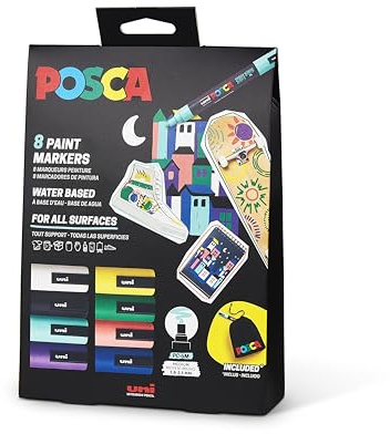 POSCA 182598 - Set di pennarelli POSCA con custodia in tessuto, 8 penne acriliche PC-5M, pennarello permanente con punta tonda da 1,8 a 2,5 mm
