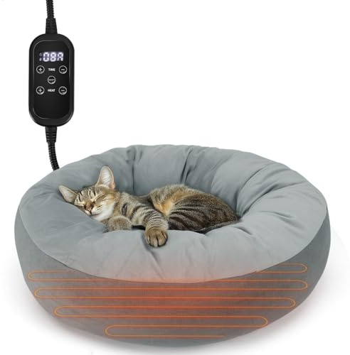 Nobleza Cuccia Riscaldante Gatti Cane con Timer e Temperatura Regolabile, Cavo in Acciaio Resistente alla Masticazione, Forma di Ciambella, Cuccia Riscaldante Animali, D50cm per Gatti e Piccolo Cane